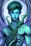 Placeholder: 16 year old boy warlock with milky blue eyes, and fanged tentacle growing out of his belly. in the style of HR Giger