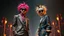 Placeholder: Nikon D850 with AF-S NIKKOR 24-70mm f/2.8E ED VR lens at f/5.6: [Two innovative friendly individuals wearing strange, suave, beautiful, fantasy fashionable clothing] in a [parallel universe], showcasing [full-height figures from head to foot with intricate details], [vibrant colors and deep shadows], creating [a surreal and captivating atmosphere with precise textures and anatomy]. focus peaking enabled, Nikon Picture Control with enhanced color grading.