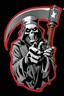 Placeholder: Grim-Reaper gripping scythe and pointing like uncle sam, vignette, black and white graphic novel style with a red outline, and black background, biker style