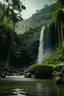 Placeholder: Vista detallada de una cascada en un paisaje con vegetación selvatica, con rocas que contienen musgo. Aves en el cielo y en el lago que forma la cascada, film documental, gran nivel de detalles