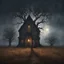 Placeholder: Hyper Realistic Haunted Chapel between a Field & dry old tree at rainy night with scarecrow