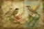 Placeholder: birds, blur 5%, flowers, double exposure, merged layers, in the first part (near to us) of the picture you can see a plain sandblown smoked glass, engraved with a folk art pattern, the glass is cracked in several places, in some places the glass is broken, crumpled burlap, through it you can see a tropical rainforest with a waterfall, mist, fog, sunrise, gemstones