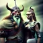 Placeholder: Viking theme, a younger woman sitting next to a 50-year-old man, portrait, 8K, close-up face, anatomically perfect face, Highly detailed stunning full frame portrait, misty and cloudy atmosphere