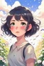 Placeholder: Cute anime girl, brown eyes, short black hair, spring totally white dress with flowers. Windy day