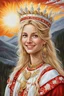 Placeholder: A portrait of a young, happy, beautiful Lithuanian woman with golden blond hair. She wears traditional Lithuanian clothes in red and white adorned with gold and silver trim. She wears a traditional golden Lithuanian crown upon her head. She dances in a valley with the sun in the daytime sky. Acrylic paint on canvas in the style of fantasy artist Ned Dameron.