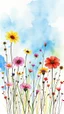 Placeholder: a smear . Field of wild a colorful flowers watercolor drawing on a blue splash colors background