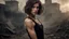 Placeholder: beautiful slender caucasian female technician with a knife, black tank top, well toned muscles, weathered face, scratched sand camo metal details, short brunette wavy bob haircut, dystopian, postapocalyptic city scene with smoke and explosions