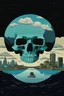 Placeholder: skeletal hand reaching down from a cloudy sky, holding a city within its g The hand is attached to a massive skull that fills the upper portion of the image. The skull is grinning menacing expression. In the foreground, a small gondola with three people is floating on a body of u seemingly unaware of the looming danger above. The image could be interpreted as a metaphor for the fragil life and the inevitability of death.