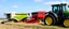 Placeholder: Parked at the edge of a field is a Claas brand Combine(left) Vaderstad Seeder(middle, red) and a John Deere Tractor(right) simplified