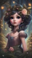 Placeholder: Painting of a beautiful girl, beautiful, haunted forest, flowers on her head, glitter dress, young girl, digital painting, fantasy art, pretty face, inspired by Thomas Kinkade, anime portrait, barbie face, big eyes, bright eyes, dream, trees, forest background, dark night, song, glitters background, fantasy, high quality, 8k