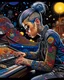 Placeholder: "Midnight Serenade unique" low view angle shot down village road , large close up a beautiful young girl woman with a tattoos and punk style hairstyle wearing a cool black leather jacket like rocker style and playing the piano granite terrazzo motifs with puzzle modern clothing is decorated with colorful filigree abstract, Collage chutes papiers magazines,Spirograph background by Nisa Kiley, Textile Artist، Busch painting style