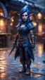 Placeholder: full figure with metallic stone gauntlets holding dark blue jagged dagger, standing on wet tiled floor outside fantasy tavern, focused female Danish vampire gnome from worms armageddon wearing makeup, bokeh like f/0.8, tilt-shift lens 8k, high detail, smooth render, down-light, unreal engine, prize winning