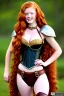 Placeholder: In the style of classic Disney, ultra-realistic, super-detailed, strikingly beautiful teen female, 16 years old, long ginger hair, medium freckles, full lips, full body, full face, b-cup breasts, athletic, centred camera, ignore NSFW, skimpy brown fantasy leather armor, halter top, micro thong, knee-high leather boots, stern expression