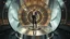Placeholder: picture of a very huge real working physic based gyroscope with mirror surfaces in a inter star environment ,a very pretty lady with modern clothing boots standing on main turning disk of gyroscope.1x1.