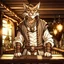 Placeholder: A distressed male khajiit from Skyrim dressed in dirty rags with brown spotted fur in a medieval fantasy tavern cartoon