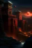 Placeholder: Distant view of an ancient walled city sitting in a canyon as viewed from the rim of the canyon, the city is lighted by torches placed along the walls with windows high upon the wall, One window has a scarlet cord draped out reaching the ground, the sky is dark and surrealistic with planets and moons on the horizon, the rim of the canyon has armored soldiers laying in wait while 2 spies work their way down to the outside of the city wall where the scarlet cord hangs from the window above a cross