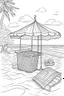 Placeholder: Outline art for coloring page, SQUARE WICKER PICNIC BASKET ON A RECTANGULAR BEACH TOWEL. UNDER A TALL BEACH UMBRELLA, HAWAII BEACH, coloring page, white background, Sketch style, only use outline, clean line art, white background, no shadows, no shading, no color, clear
