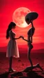 Placeholder: A beautiful girl standing in front of an alien, who is on his knees giving her a engagement ring with romantic themes background is a vivid red sky, and the lighting creates a dramatic and otherworldly atmosphere