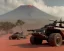 Placeholder: wide angke of Gi joe driving A White lunar armored rover with tracks and claw and orange, troops, volcano in background