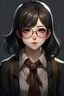 Placeholder: Realistic anime sakimichan art style. A lithe preppy dark-haired college girl. She has pale skin and light brown eyes, and her very short raven hair is haphazardly combed. She is wearing a what would be described as geek clothing