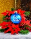 Placeholder: Christmas scene, with a bright blue Christmas ornament with the inscription ((("Alvaro"))) ((("Felíz Navidad"))). The ornament radiates light and stands out brightly among a vibrant arrangement of red poinsettias, clusters of red berries, and pine branches. Warm and welcoming atmosphere, with a background that combines golden and dark tones. The artwork captures the essence of the Christmas season.