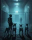 Placeholder: Bosch painting style, nightmare , three Ai robot prison guards with Ai robot dogs watching a human prisoners lined up in line one after another inside a prison yard great quality picture with cinematic scenes ,