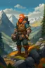 Placeholder: Realistisches Bild von einem DnD Charakters. Männlichen Zwerg mit orangenem Haaren. Er steht im Wald mit Bergen im Hintergrund. In der Hand hält er eine Armbrust.