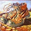 Placeholder: brown moutain shoes , art, oil drawing, bright,