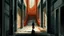 Placeholder: surreal architecture, labyrinthine structure, surrealism, deep perspective, stark shadows, geometric forms, windows framing distant doorways, a lone figure in a tan coat standing on stairs before an open doorway, rough textured walls, stone pathways, muted color palette with splashes of red and blue, dreamlike atmosphere, rendered in the style of Zdzisław Beksiński and Giorgio de Chirico, cinematic lighting