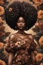 Placeholder: Create a urban art image of a curvy black female wearing a brown off the shoulder blouse, and she is looking down with Prominent makeup. Highly detailed tightly curly black afro. Background of large brown and black flowers surrounding her