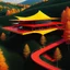 Placeholder: Aerial view Zaha Hadid style hill hut, trees, digital art, hyper-detailed, red and yellow colors, 8k oil painting