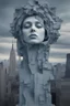 Placeholder: surrealis monochrome A fragmented, surreal sculpture liguid blue color of photorealistic image 3d,psychedelic art glossy emerging from devilish a crumbling empire state building. The girl face appear and intricate details, evoking a haunting expression. set against a backdrop of stormy, cloud-filled skies. bauhaus art The overall tone is dark blue and moody, suggesting themes of decay and transformation.fine lines draw