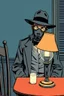 Placeholder: a small table with lamp, with a man behind wearing a gas mask and wide brimmed flat top hat, elevated perspective, graphic novel