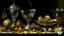 Placeholder: still life by willem claesz heda, overturned ornate chalice, avocados, surreal glass goblets, bread, olives, oysters, peeled lemons, linen, a house fly, silver platter, leftover meat pie,