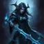 Placeholder: drow elf woman, spellsword, digital art, dark fantasy
