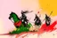 Placeholder: Hun Arrow Crossers on horseback, scorched earth, thunderstorm, red, white, green watercolor and ink