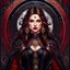 Placeholder: A (((young woman with long brown hair))), captured in a (((fantasy setting))) with a dark color palette, dominated by (((black))) and (((red))), intricate patterns and ornate designs incorporating elements like stars, moons, and swirling spirals. Her attire is sleek and (((leather))), with (((red eyes))), a (((smirk))) that implies both confident arrogance and an air of malevolent power. The overall aesthetic radiates an otherworldly quality, as if set against a (battleground)