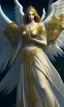 Placeholder: Angel with big wings and golden crown floating above the ground in the dark, michelangelo style, detailed, world of warcraft style