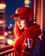 Placeholder: woman with a red baseball hat. leaning on a wooden balcony. night time. anime. studio lightining.