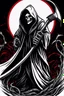 Placeholder: hooded Grim-Reaper gripping scythe, vignette, black and white graphic novel style with a red outline, and black background,