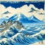 Placeholder: A light blue island with raging waves painted by Katsushika Hokusai