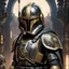 Placeholder: star wars bald male corellian pilot wearing pearlescent black and gunmetal grey First Order special forces heavy assault stealth commando armor and helmet with gold trim inside the jedi temple, hyperdetailed, dynamic lighting, hyperdetailed background, 8k resolution, volumetric lighting, light skin, fully symmetric details