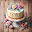 Placeholder: round buttercream cake with floral decoration on wooden background.watercolor,trend on Artstation,sharp focus,studio photo, intricate details,highly detailed