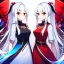 Placeholder: Clear focus, 8k, beautiful lighting, vibrant colors, girl, white hair, long hair, vibrant red eyes, ponytail, same twins, white hair, red eyes, same clothes,