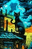 Placeholder: Un gato negro trepando una chimenea al estilo de van Gogh
