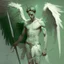 Placeholder: hombre angel caido con piel verde palido y alas blancas con una lanza en sus manos