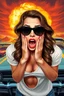 Placeholder: an young woman leaning forward(cropped tightly from between nose and stomach, white top with wide neck opening, cleavage, hands at face with surprised expression, home alone scream, wavy hair, large cheep sunglasses), nuclear explosion and classic Cars in background, greaser, digital painted illustration
