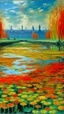 Placeholder: A green swamp with fiery orange lilies near a city painted by Claude Monet