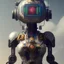 Placeholder: a beautiful full frame portrait digital painting of futuristic gaspunk robot, wide angle view, close-up, macro lens, centered camera, titanium accents, intricate details, small minutiae, tiny features, particulars, colorful, 8k, least ambient occlusion, volumetric lighting, volumetric clouds