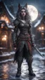 Placeholder: wolfs mane,moon, full figure with metallic stone gauntlets holding dark jagged dagger, standing on frozen wet tiled floor outside fantasy tavern, focused female brownie vampire gnome from worms armageddon wearing makeup, bokeh like f/0.8, tilt-shift lens 8k, high detail, smooth render, down-light, unreal engine, prize winning